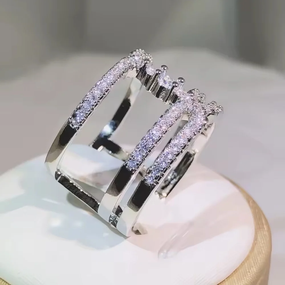 Silver Crystal Triple-Row Openwork Ring